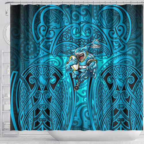 Cronulla Sutherland Sharks Rugby Shower Curtain Polynesian Tribal Shark Warrior Ocean Blue Pattern
