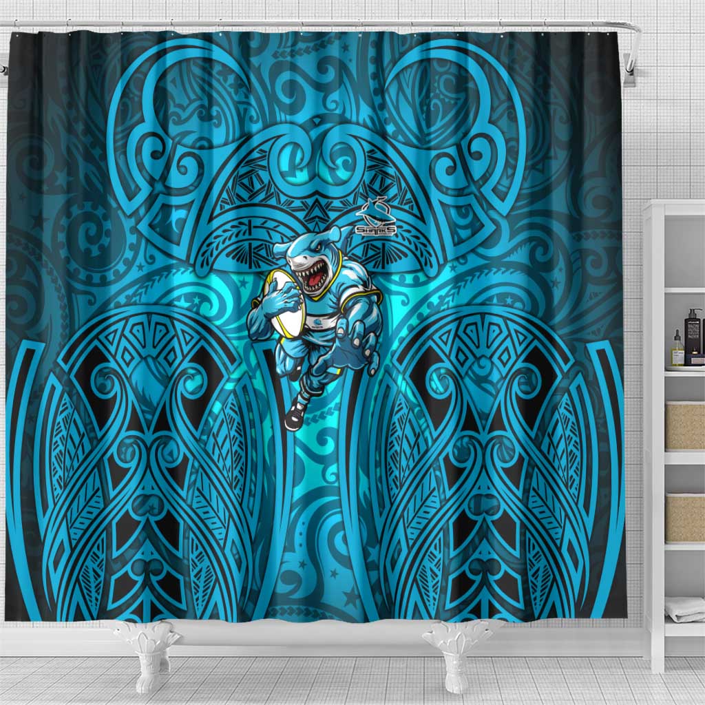 Cronulla Sutherland Sharks Rugby Shower Curtain Polynesian Tribal Shark Warrior Ocean Blue Pattern