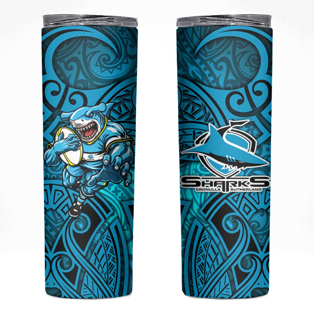 Cronulla Sutherland Sharks Rugby Skinny Tumbler Polynesian Tribal Shark Warrior Ocean Blue Pattern