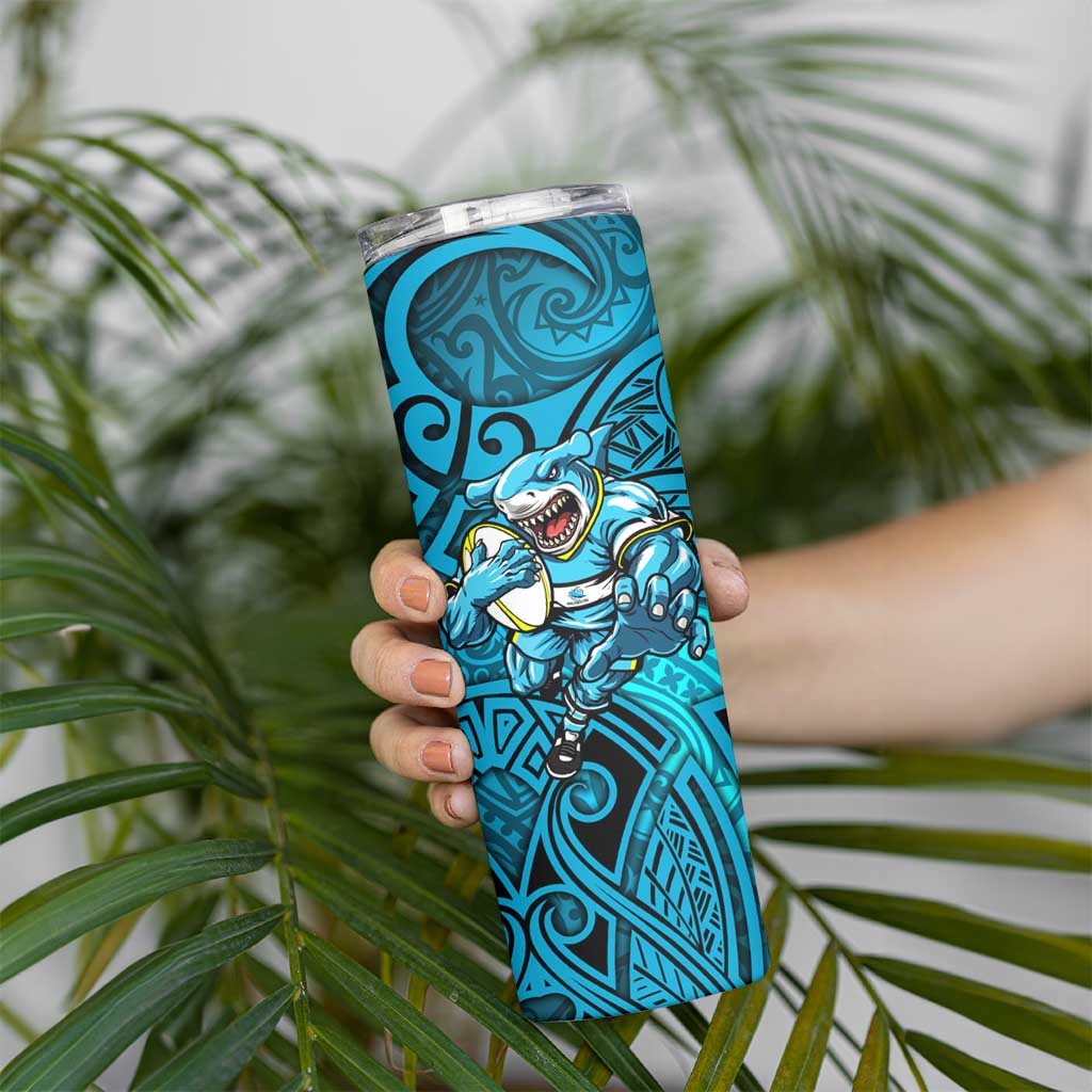Cronulla Sutherland Sharks Rugby Skinny Tumbler Polynesian Tribal Shark Warrior Ocean Blue Pattern