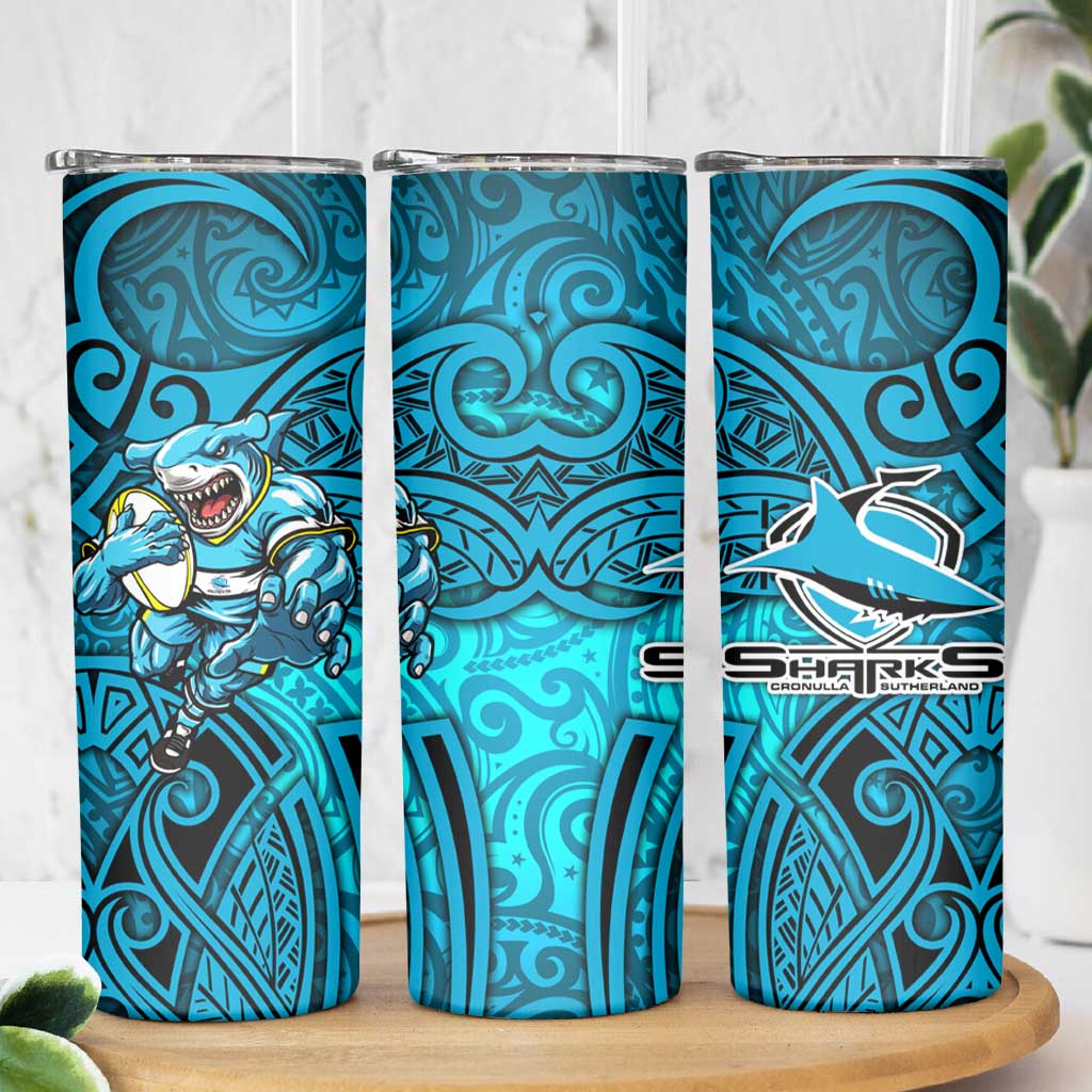Cronulla Sutherland Sharks Rugby Skinny Tumbler Polynesian Tribal Shark Warrior Ocean Blue Pattern