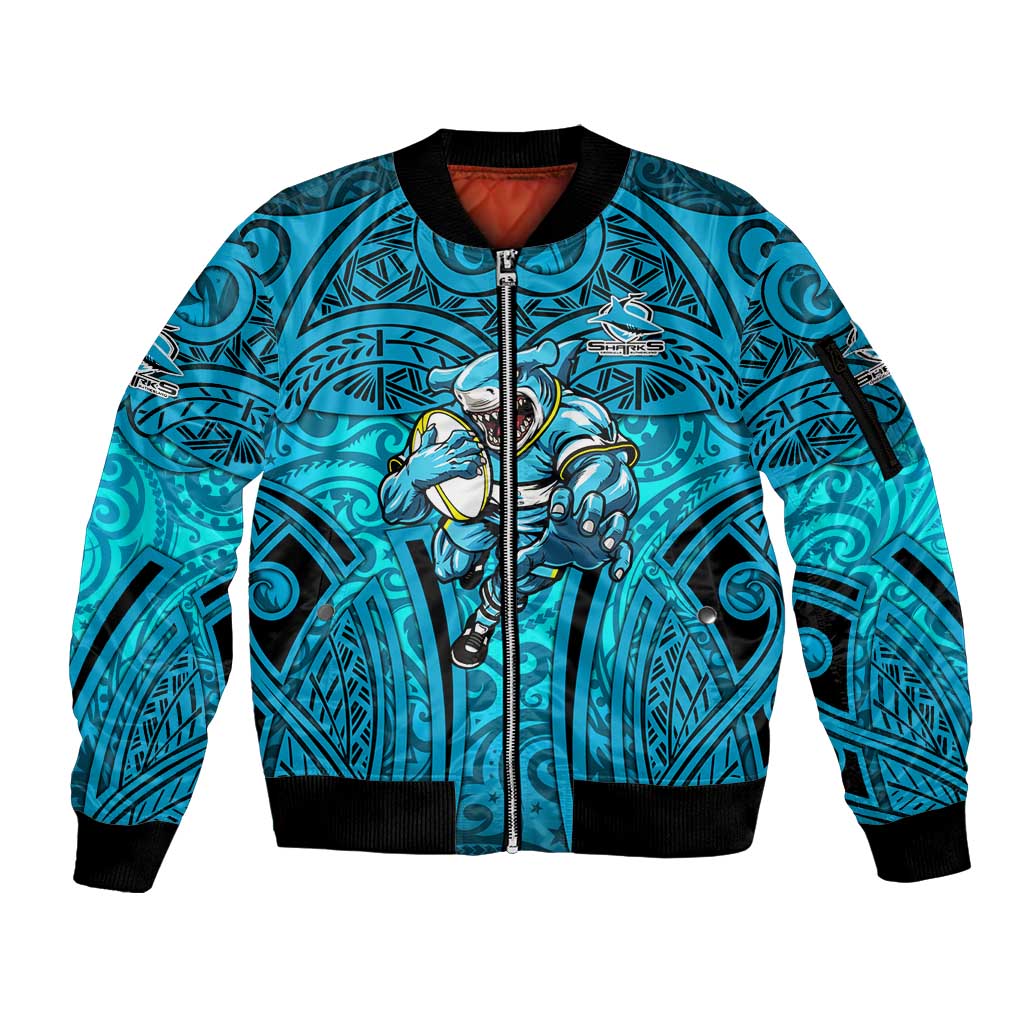 Cronulla Sutherland Sharks Rugby Sleeve Zip Bomber Jacket Polynesian Tribal Shark Warrior Ocean Blue Pattern