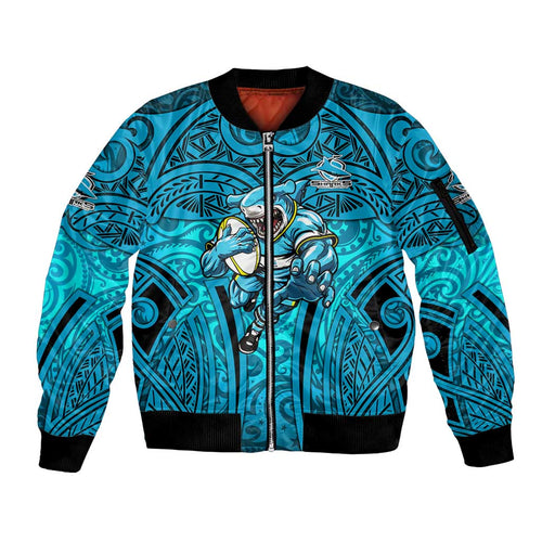 Cronulla Sutherland Sharks Rugby Sleeve Zip Bomber Jacket Polynesian Tribal Shark Warrior Ocean Blue Pattern