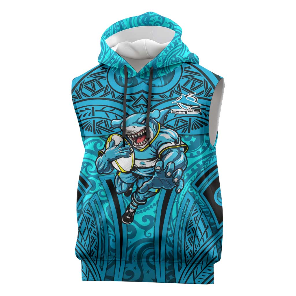 Cronulla Sutherland Sharks Rugby Sleeveless Hoodie Polynesian Tribal Shark Warrior Ocean Blue Pattern