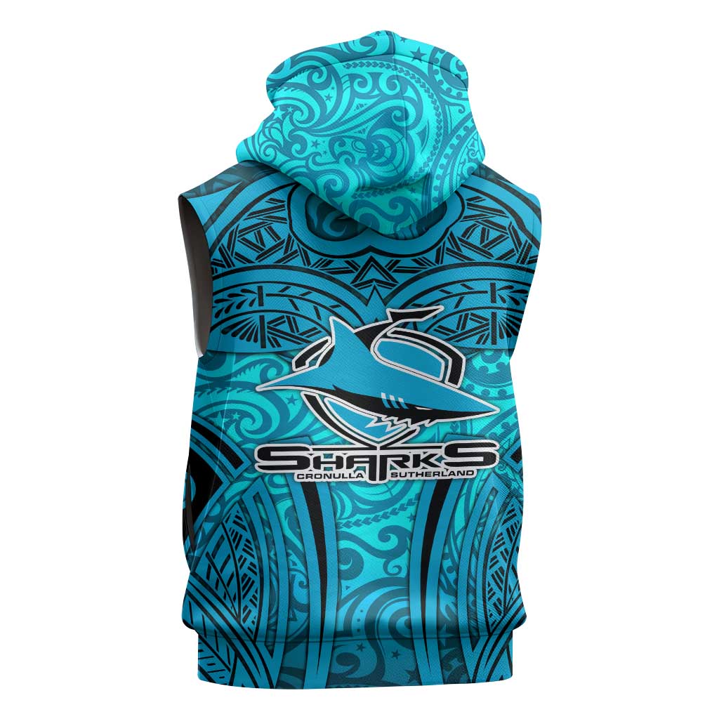 Cronulla Sutherland Sharks Rugby Sleeveless Hoodie Polynesian Tribal Shark Warrior Ocean Blue Pattern