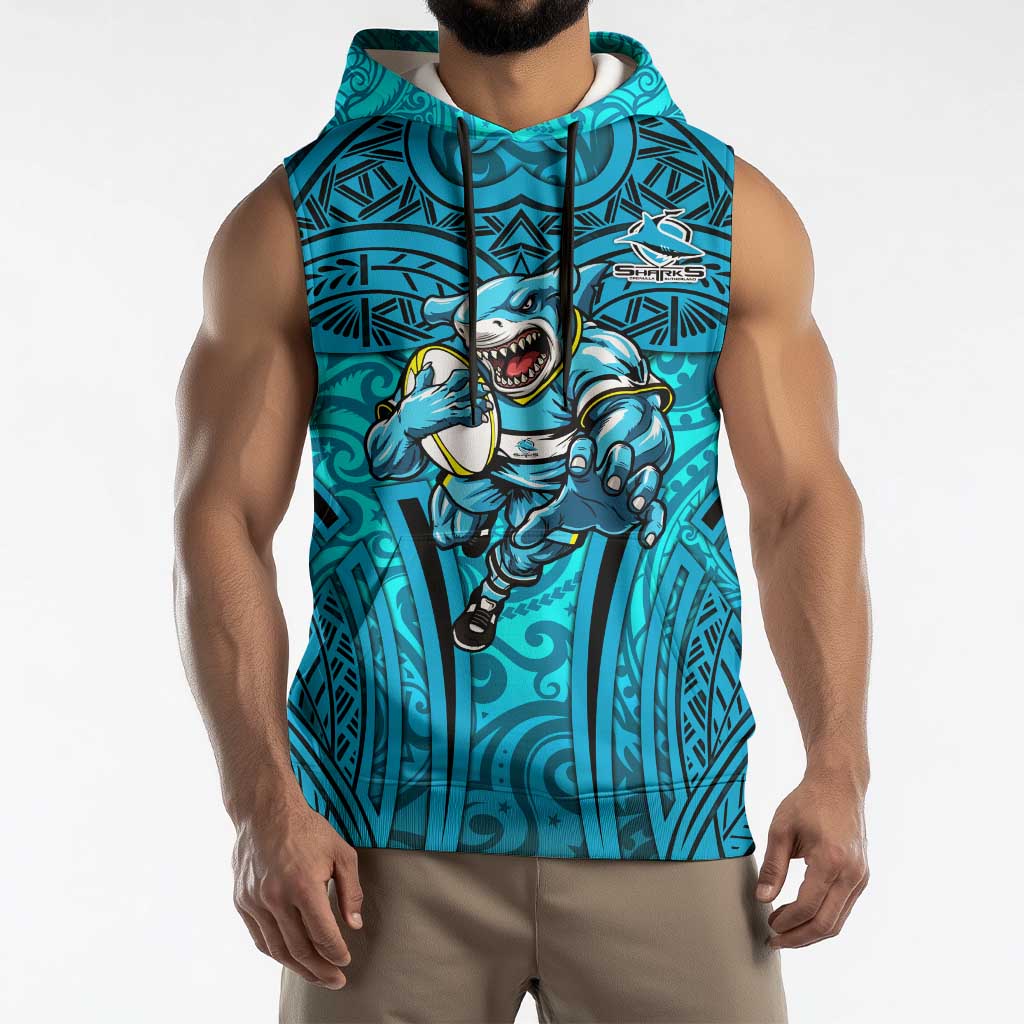 Cronulla Sutherland Sharks Rugby Sleeveless Hoodie Polynesian Tribal Shark Warrior Ocean Blue Pattern