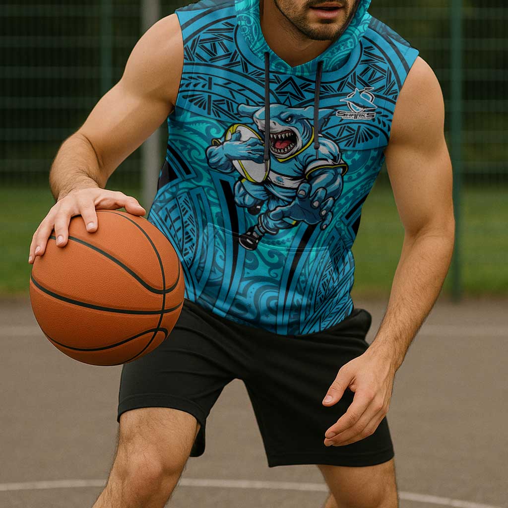 Cronulla Sutherland Sharks Rugby Sleeveless Hoodie Polynesian Tribal Shark Warrior Ocean Blue Pattern