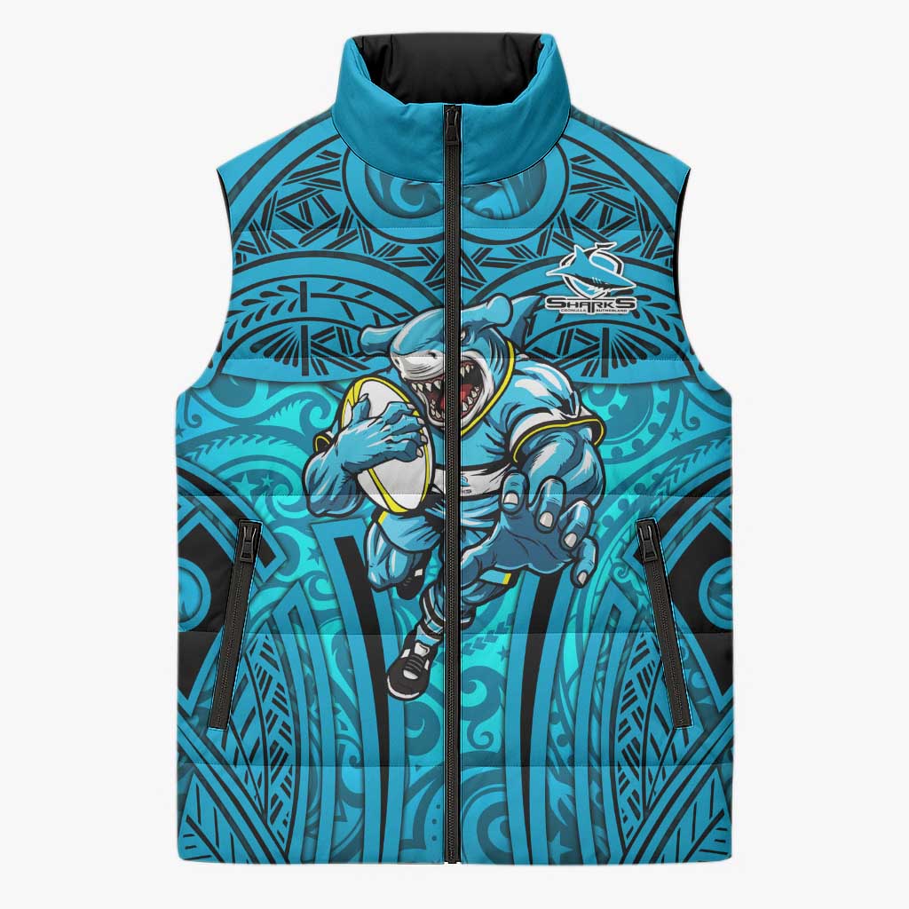 Cronulla Sutherland Sharks Rugby Sleeveless Puffer Jacket Polynesian Tribal Shark Warrior Ocean Blue Pattern