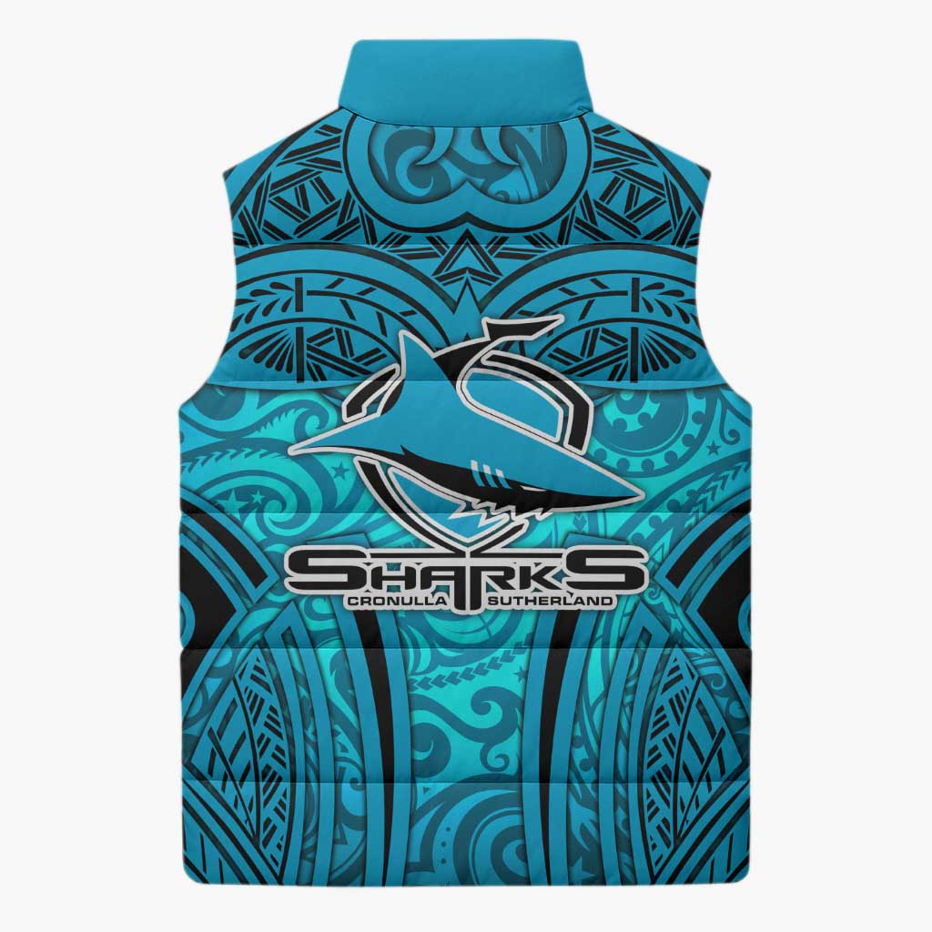 Cronulla Sutherland Sharks Rugby Sleeveless Puffer Jacket Polynesian Tribal Shark Warrior Ocean Blue Pattern