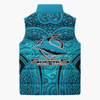 Cronulla Sutherland Sharks Rugby Sleeveless Puffer Jacket Polynesian Tribal Shark Warrior Ocean Blue Pattern