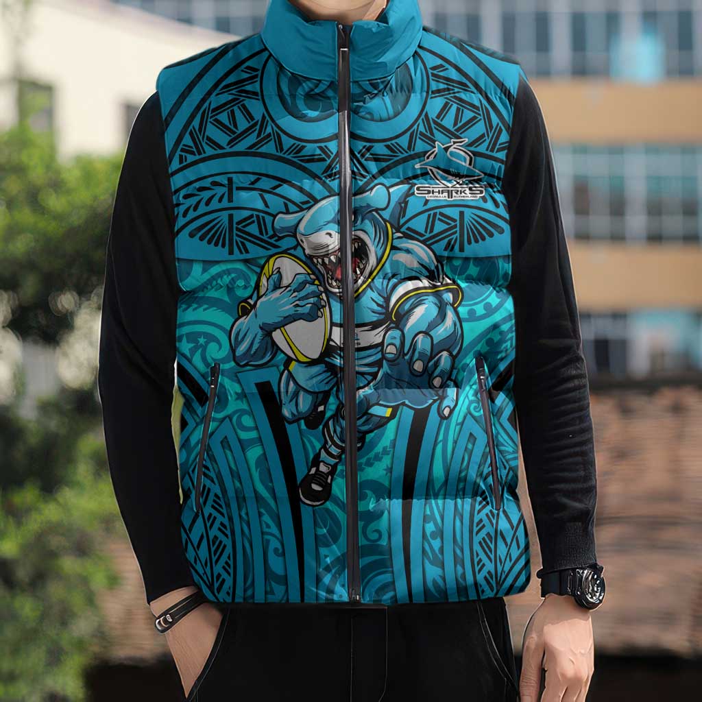 Cronulla Sutherland Sharks Rugby Sleeveless Puffer Jacket Polynesian Tribal Shark Warrior Ocean Blue Pattern