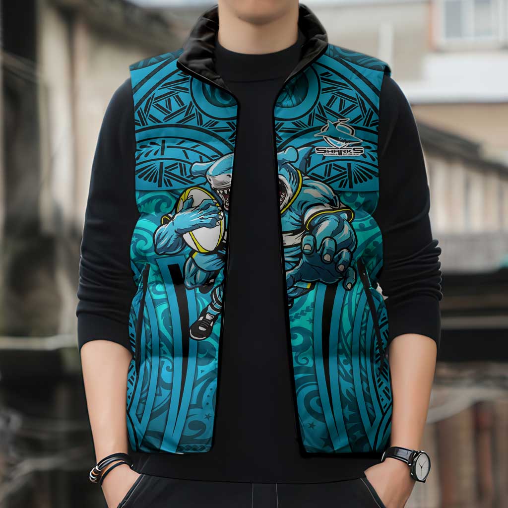 Cronulla Sutherland Sharks Rugby Sleeveless Puffer Jacket Polynesian Tribal Shark Warrior Ocean Blue Pattern
