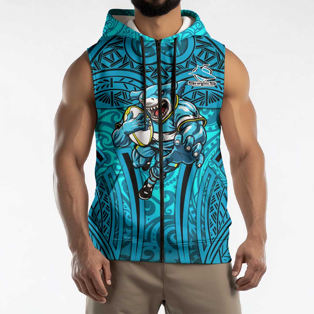 Cronulla Sutherland Sharks Rugby Sleeveless Zip Hoodie Polynesian Tribal Shark Warrior Ocean Blue Pattern