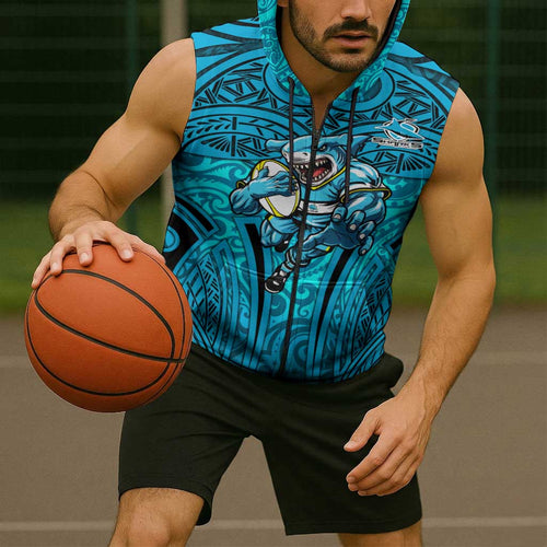 Cronulla Sutherland Sharks Rugby Sleeveless Zip Hoodie Polynesian Tribal Shark Warrior Ocean Blue Pattern