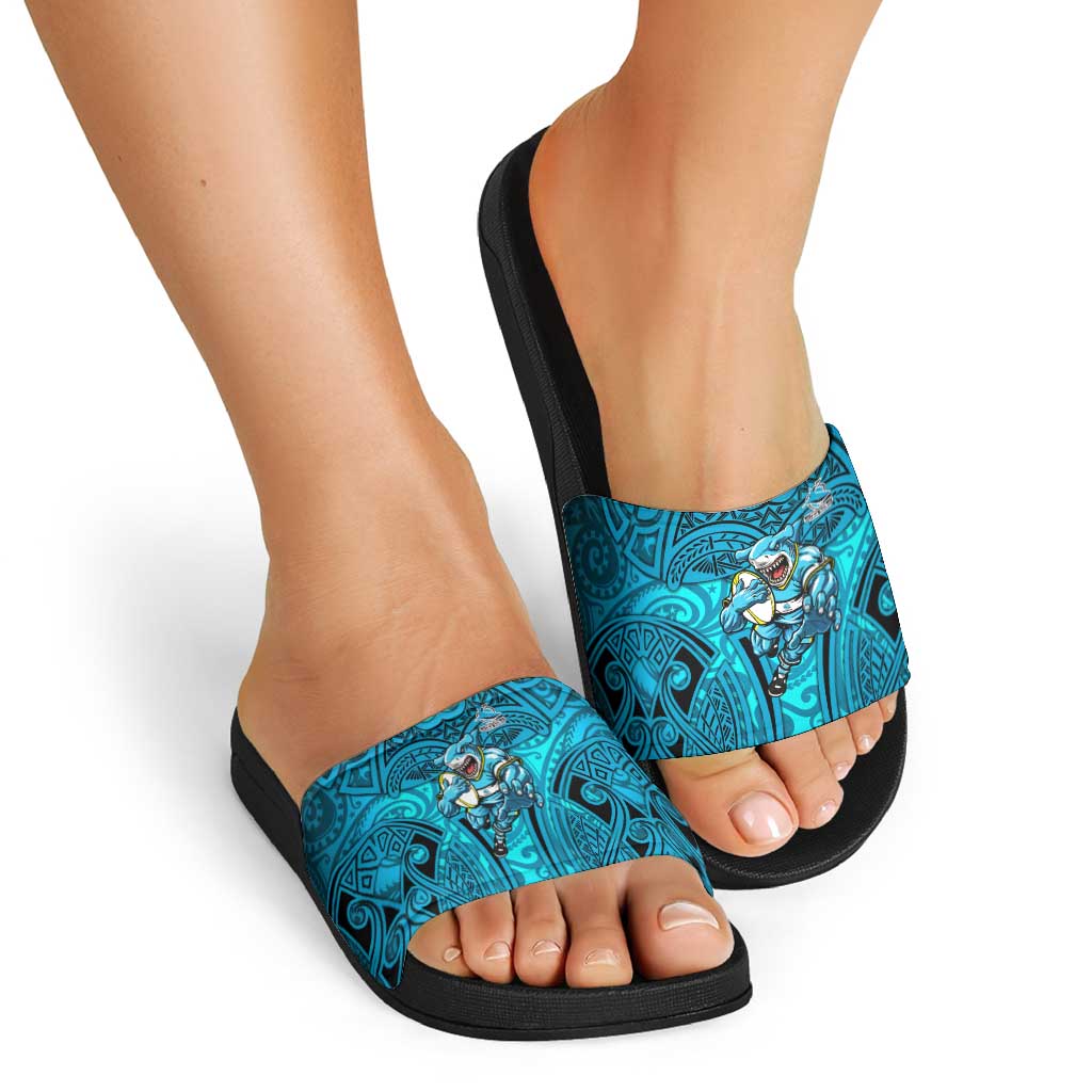 Cronulla Sutherland Sharks Rugby Slide Sandals Polynesian Tribal Shark Warrior Ocean Blue Pattern
