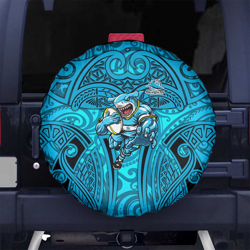 Cronulla Sutherland Sharks Rugby Spare Tire Cover Polynesian Tribal Shark Warrior Ocean Blue Pattern