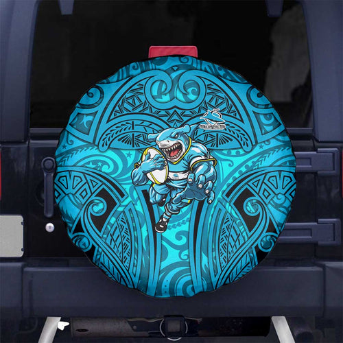 Cronulla Sutherland Sharks Rugby Spare Tire Cover Polynesian Tribal Shark Warrior Ocean Blue Pattern