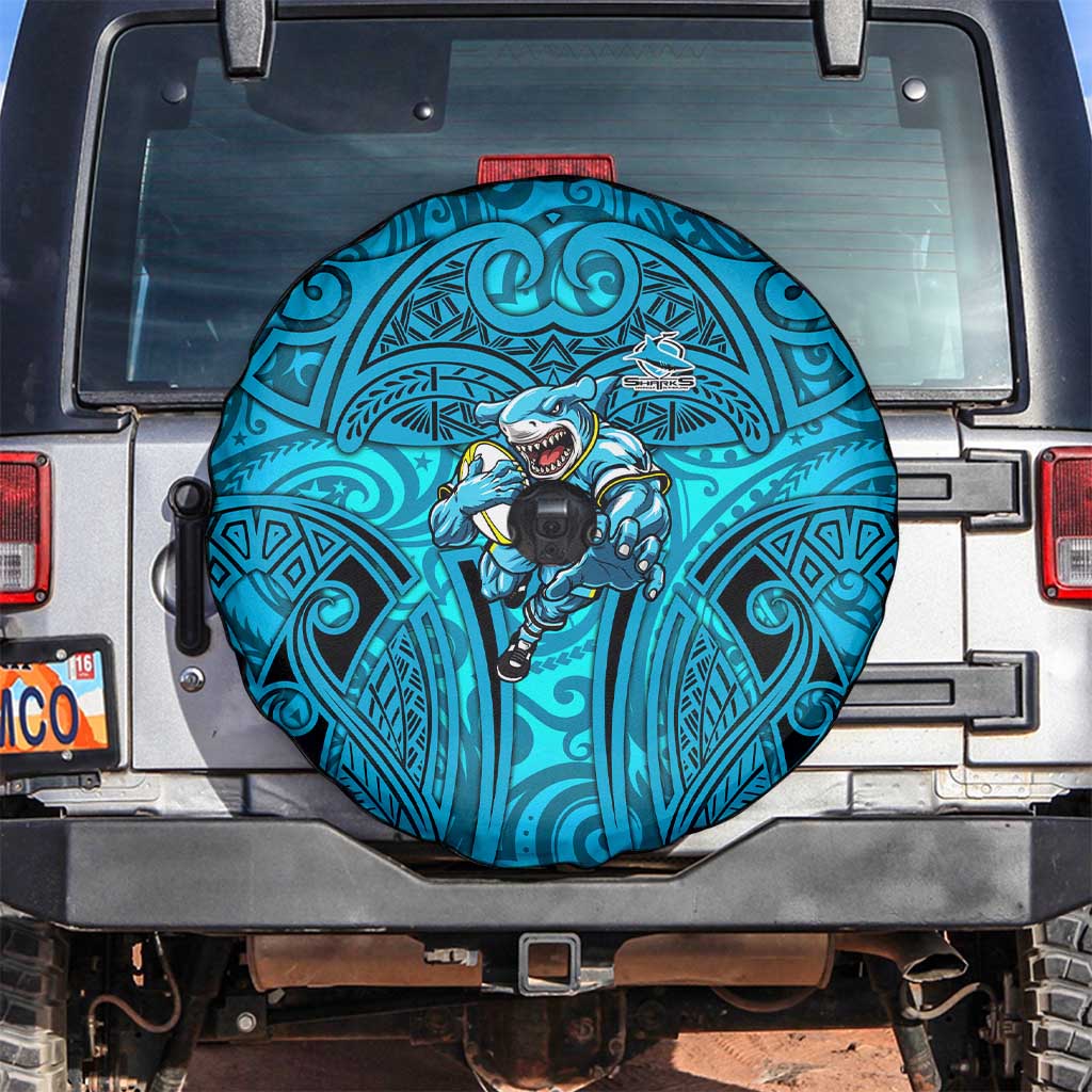 Cronulla Sutherland Sharks Rugby Spare Tire Cover Polynesian Tribal Shark Warrior Ocean Blue Pattern