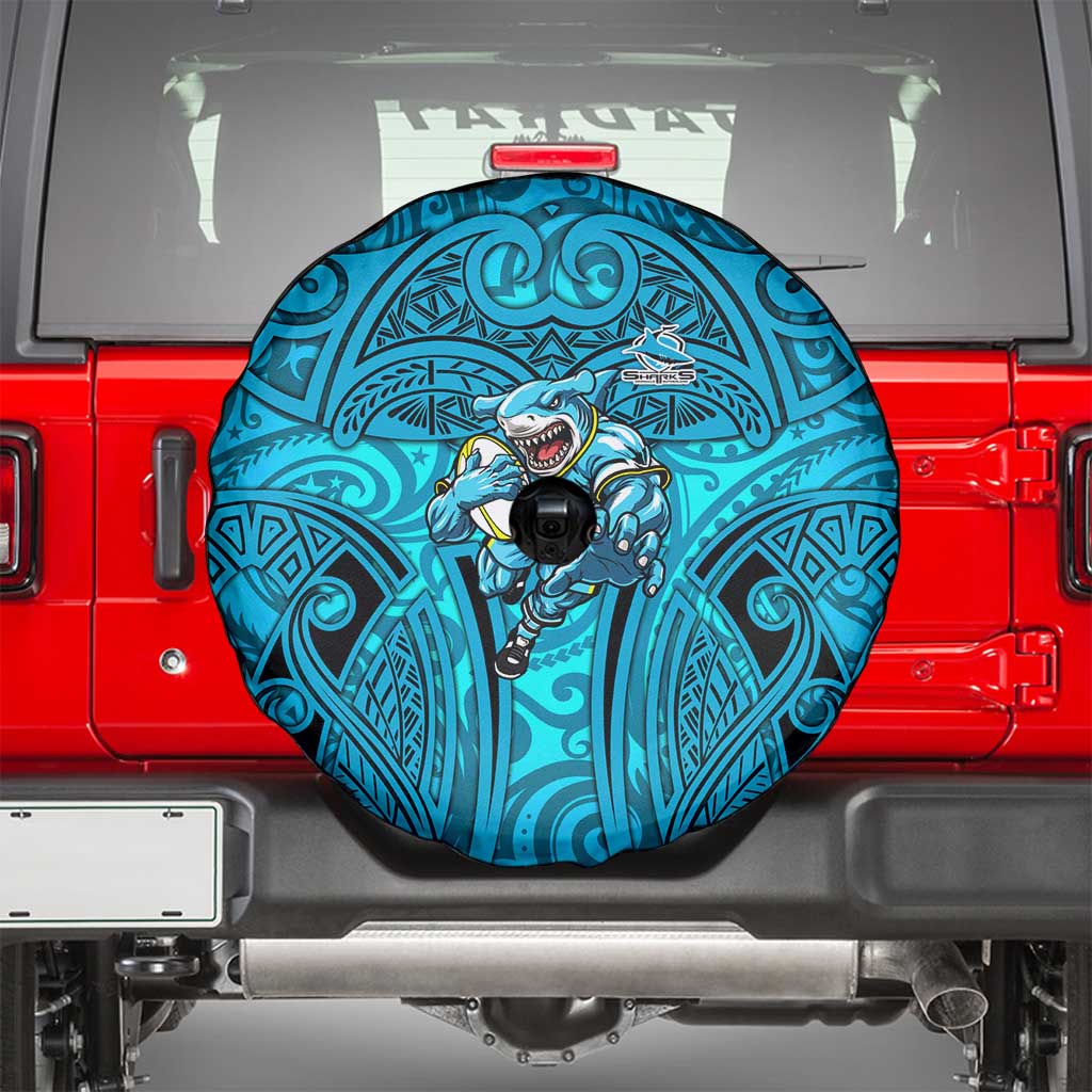 Cronulla Sutherland Sharks Rugby Spare Tire Cover Polynesian Tribal Shark Warrior Ocean Blue Pattern