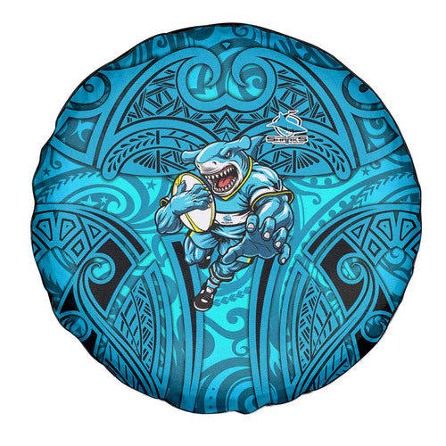 Cronulla Sutherland Sharks Rugby Spare Tire Cover Polynesian Tribal Shark Warrior Ocean Blue Pattern