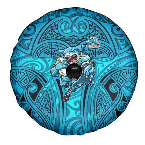 Cronulla Sutherland Sharks Rugby Spare Tire Cover Polynesian Tribal Shark Warrior Ocean Blue Pattern