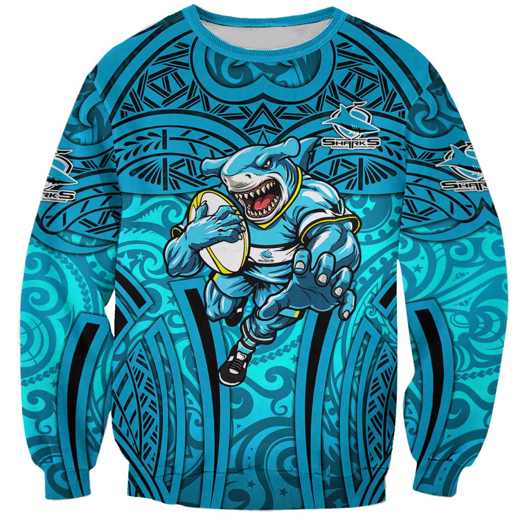 Cronulla Sutherland Sharks Rugby Sweatshirt Polynesian Tribal Shark Warrior Ocean Blue Pattern