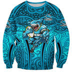Cronulla Sutherland Sharks Rugby Sweatshirt Polynesian Tribal Shark Warrior Ocean Blue Pattern