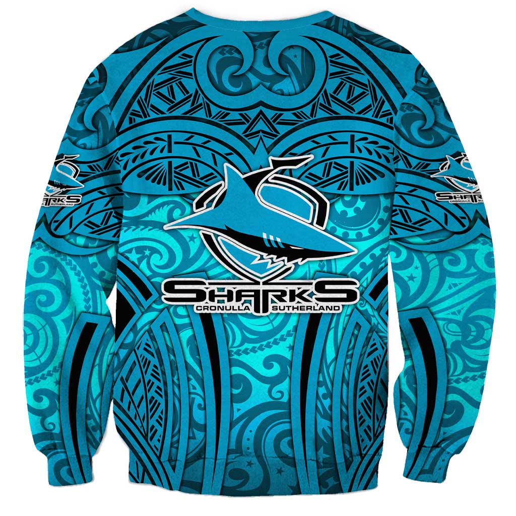 Cronulla Sutherland Sharks Rugby Sweatshirt Polynesian Tribal Shark Warrior Ocean Blue Pattern