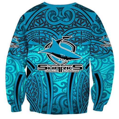 Cronulla Sutherland Sharks Rugby Sweatshirt Polynesian Tribal Shark Warrior Ocean Blue Pattern