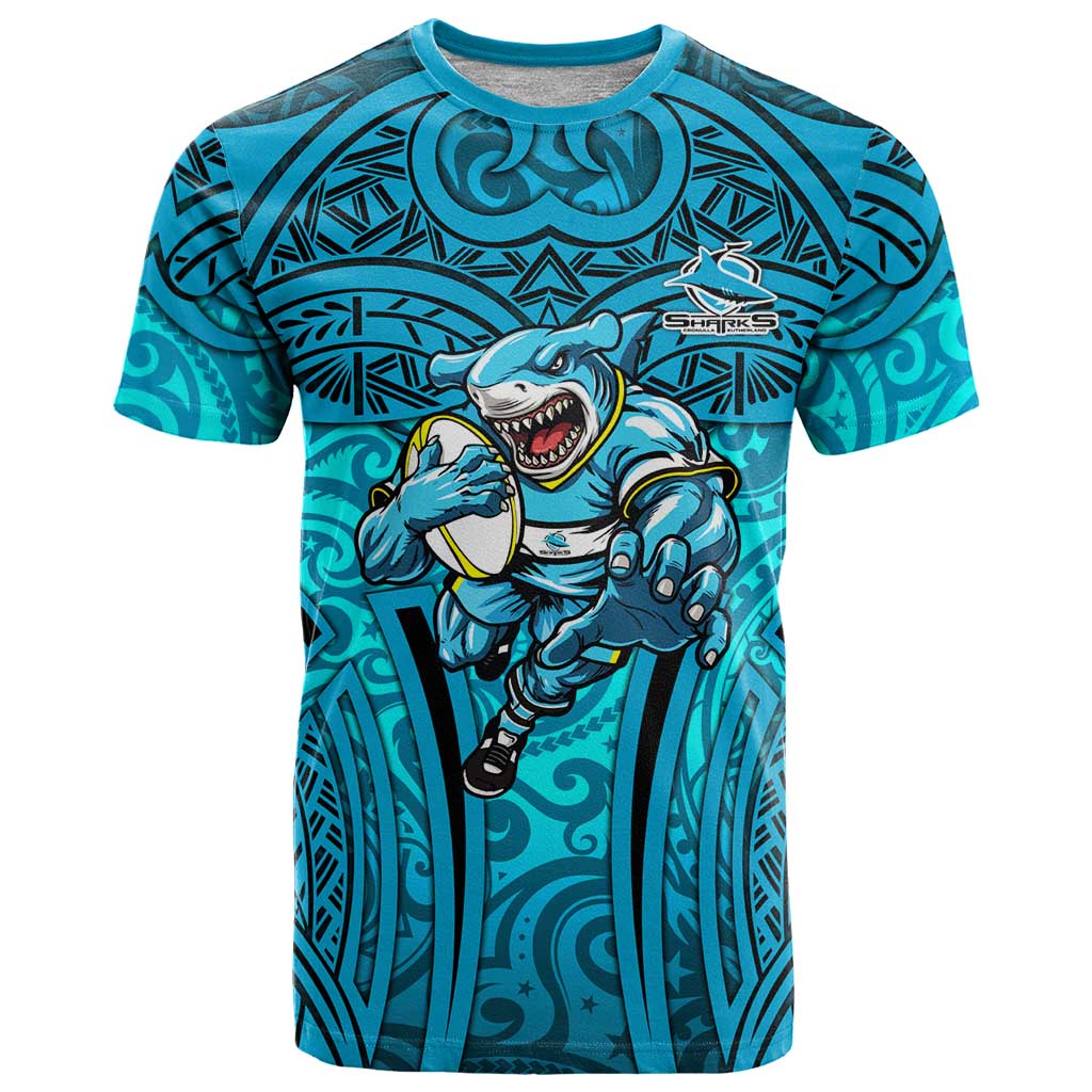 Cronulla Sutherland Sharks Rugby T Shirt Polynesian Tribal Shark Warrior Ocean Blue Pattern