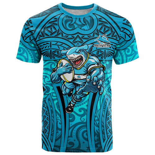 Cronulla Sutherland Sharks Rugby T Shirt Polynesian Tribal Shark Warrior Ocean Blue Pattern