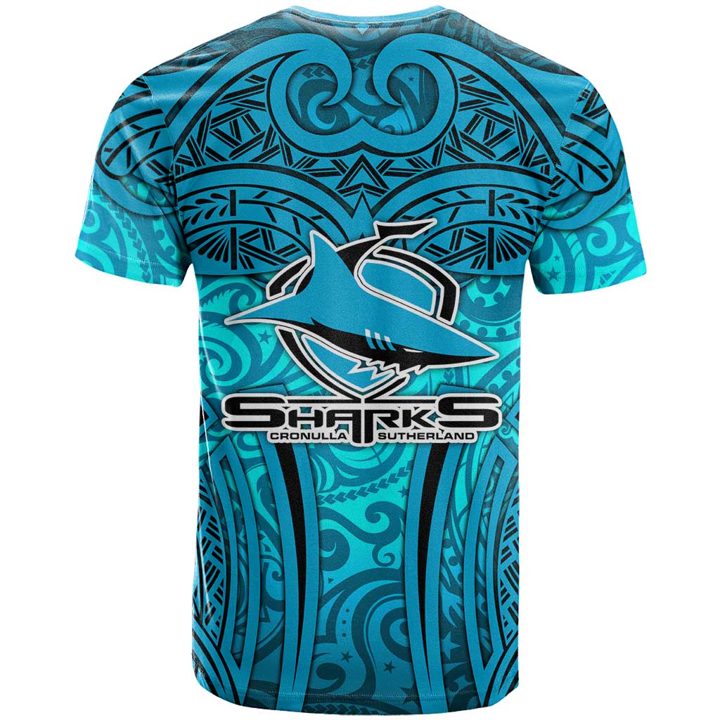 Cronulla Sutherland Sharks Rugby T Shirt Polynesian Tribal Shark Warrior Ocean Blue Pattern