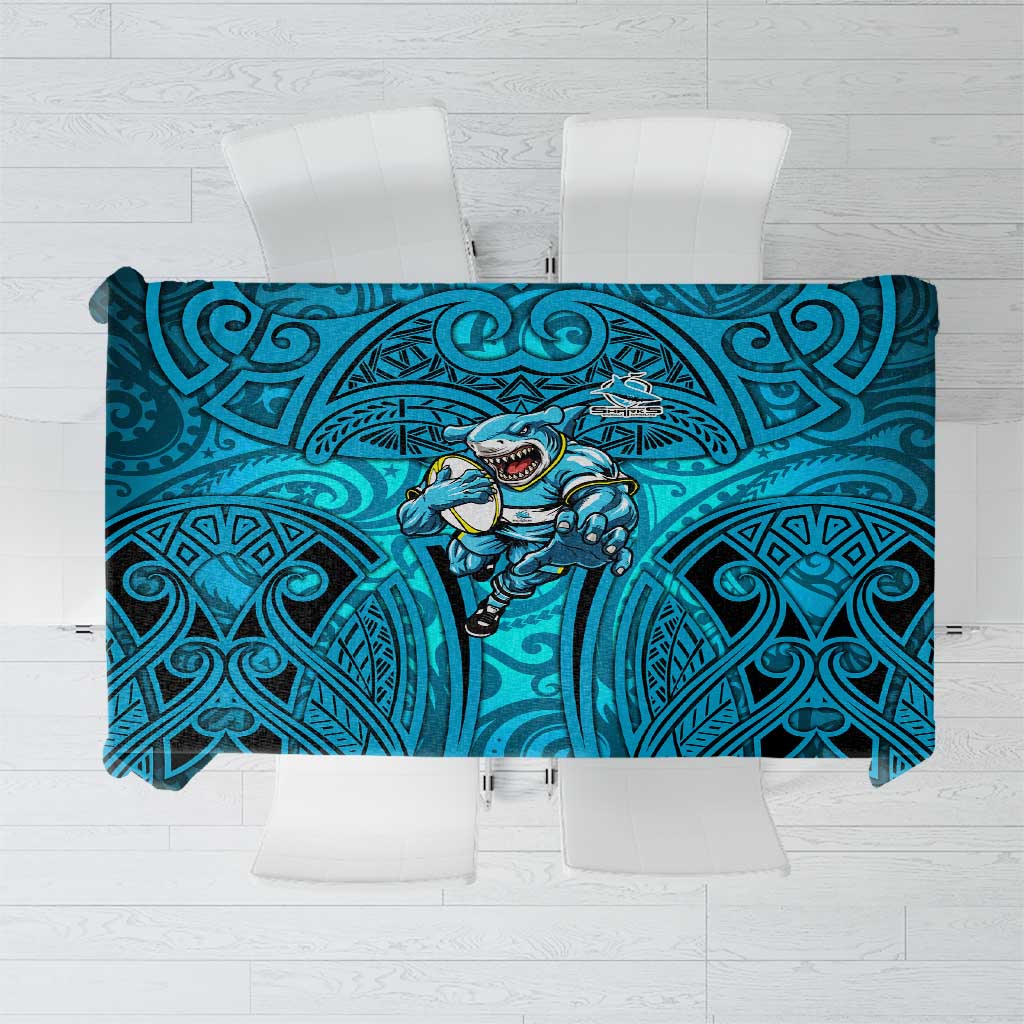 Cronulla Sutherland Sharks Rugby Tablecloth Polynesian Tribal Shark Warrior Ocean Blue Pattern