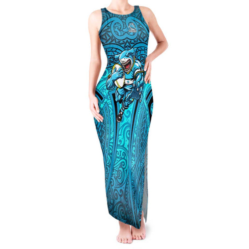 Cronulla Sutherland Sharks Rugby Tank Maxi Dress Polynesian Tribal Shark Warrior Ocean Blue Pattern