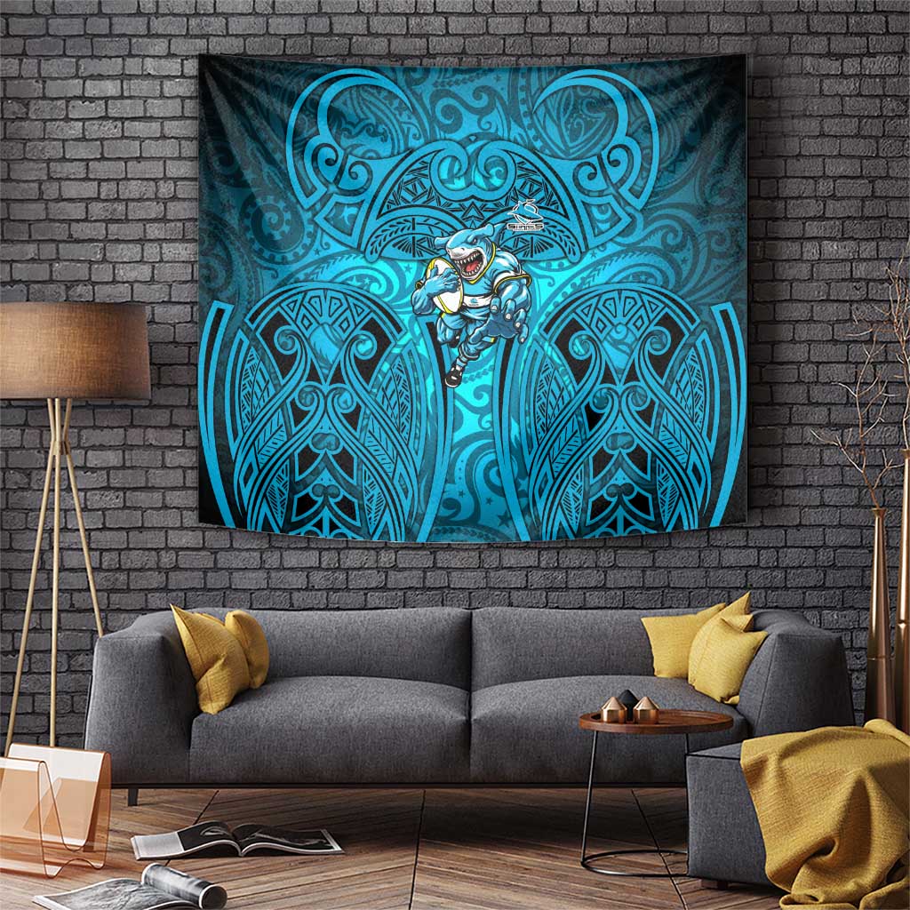 Cronulla Sutherland Sharks Rugby Tapestry Polynesian Tribal Shark Warrior Ocean Blue Pattern