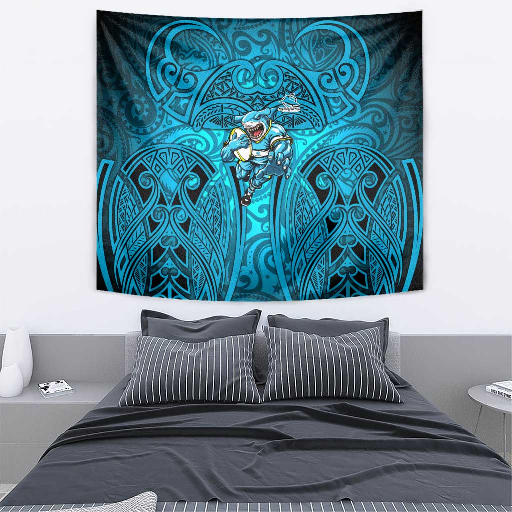 Cronulla Sutherland Sharks Rugby Tapestry Polynesian Tribal Shark Warrior Ocean Blue Pattern