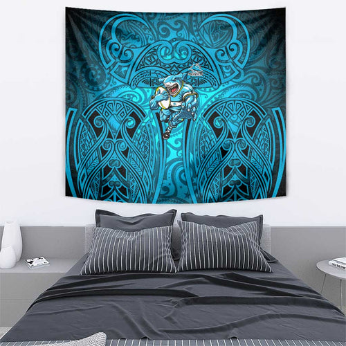 Cronulla Sutherland Sharks Rugby Tapestry Polynesian Tribal Shark Warrior Ocean Blue Pattern