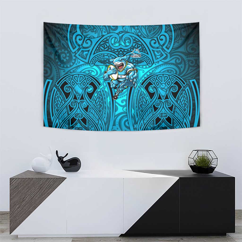 Cronulla Sutherland Sharks Rugby Tapestry Polynesian Tribal Shark Warrior Ocean Blue Pattern