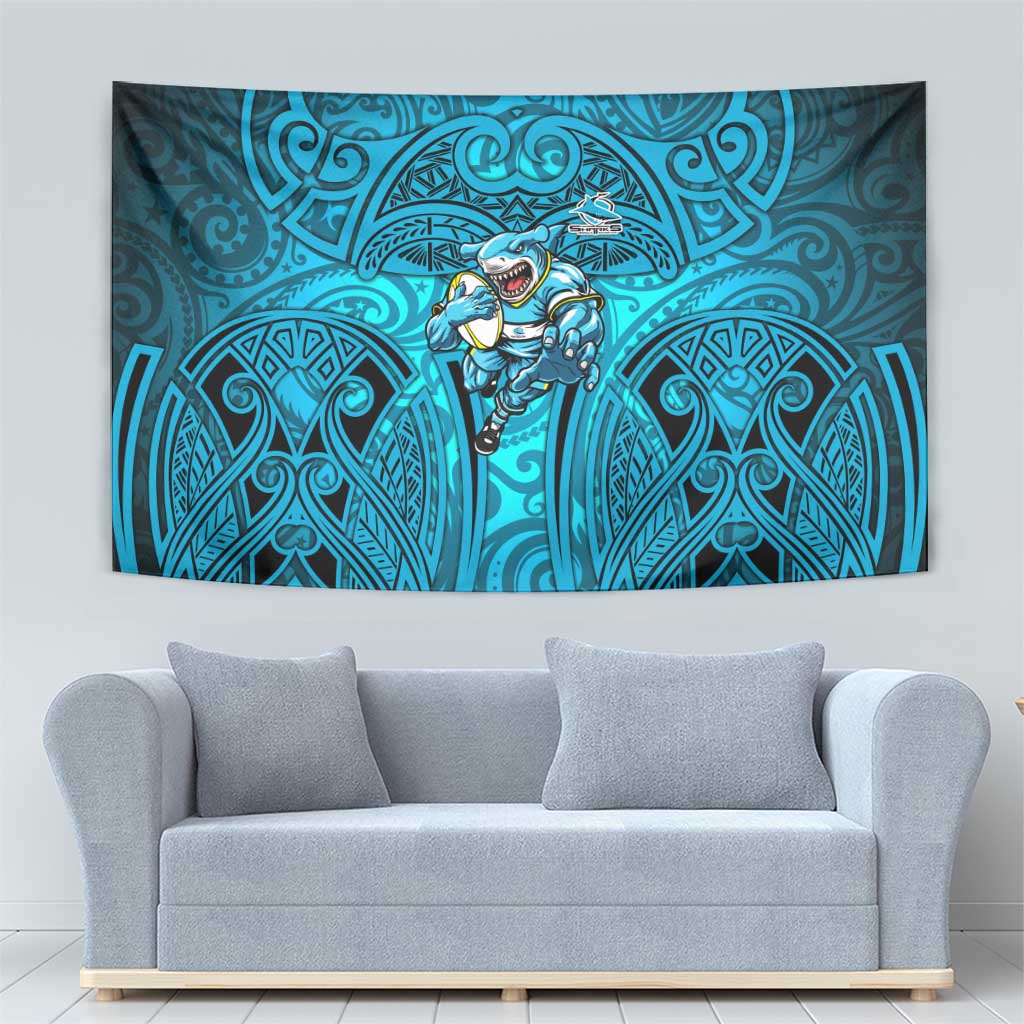 Cronulla Sutherland Sharks Rugby Tapestry Polynesian Tribal Shark Warrior Ocean Blue Pattern
