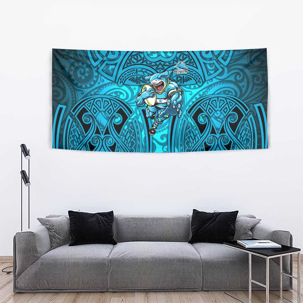 Cronulla Sutherland Sharks Rugby Tapestry Polynesian Tribal Shark Warrior Ocean Blue Pattern