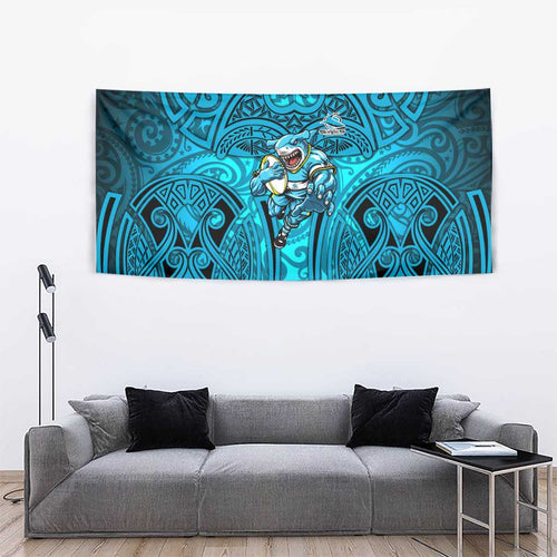 Cronulla Sutherland Sharks Rugby Tapestry Polynesian Tribal Shark Warrior Ocean Blue Pattern