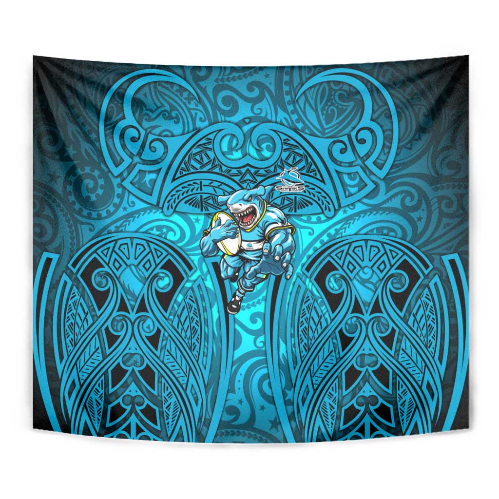 Cronulla Sutherland Sharks Rugby Tapestry Polynesian Tribal Shark Warrior Ocean Blue Pattern