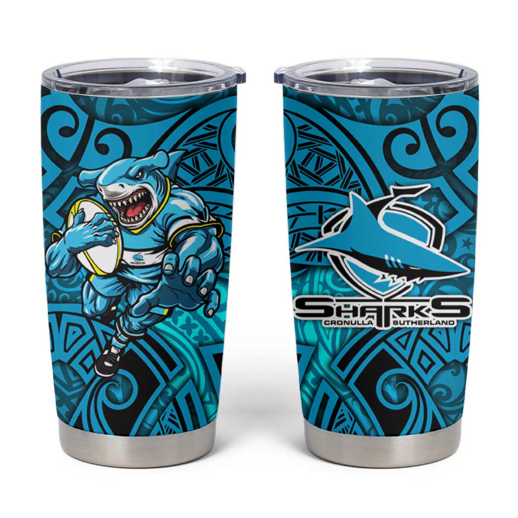 Cronulla Sutherland Sharks Rugby Tumbler Cup Polynesian Tribal Shark Warrior Ocean Blue Pattern