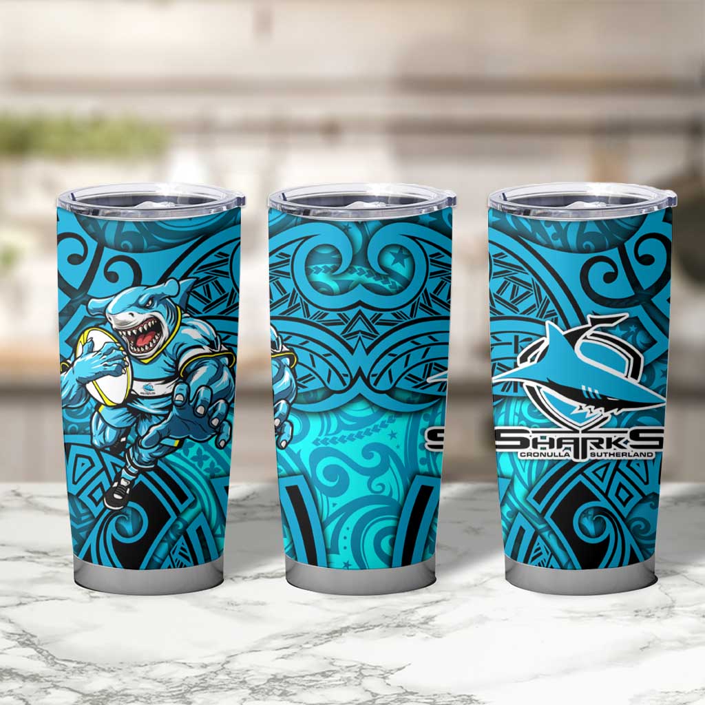 Cronulla Sutherland Sharks Rugby Tumbler Cup Polynesian Tribal Shark Warrior Ocean Blue Pattern
