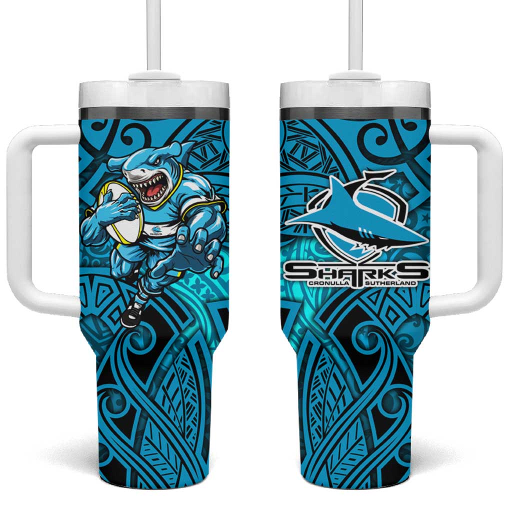 Cronulla Sutherland Sharks Rugby Tumbler With Handle Polynesian Tribal Shark Warrior Ocean Blue Pattern