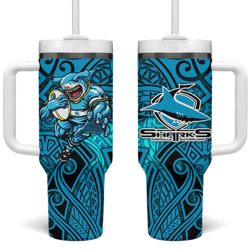 Cronulla Sutherland Sharks Rugby Tumbler With Handle Polynesian Tribal Shark Warrior Ocean Blue Pattern