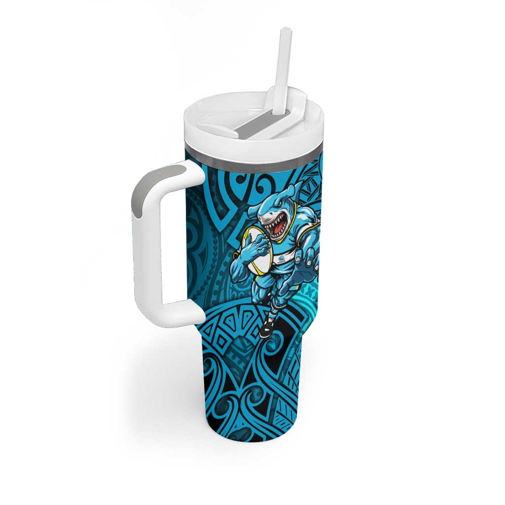 Cronulla Sutherland Sharks Rugby Tumbler With Handle Polynesian Tribal Shark Warrior Ocean Blue Pattern