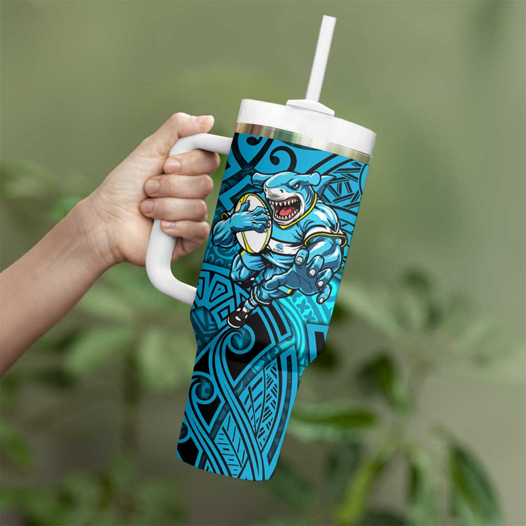 Cronulla Sutherland Sharks Rugby Tumbler With Handle Polynesian Tribal Shark Warrior Ocean Blue Pattern