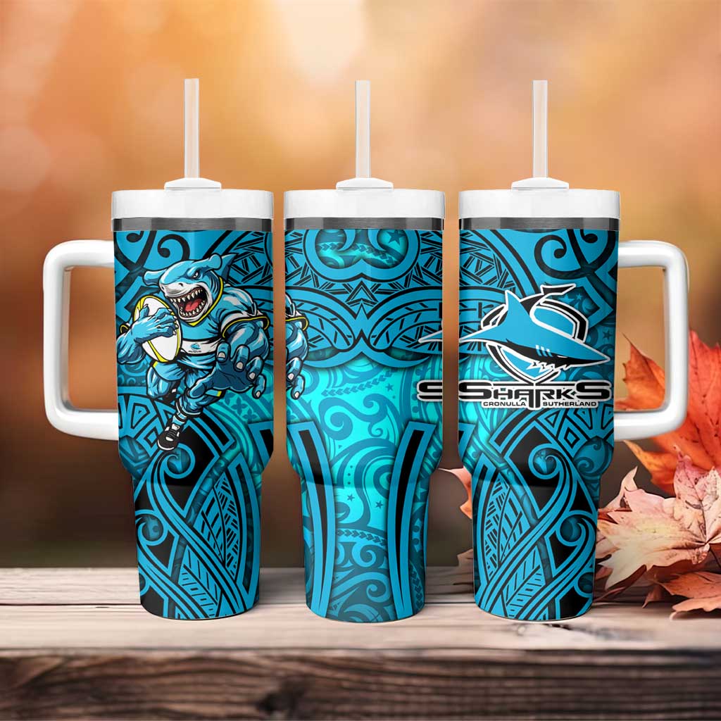 Cronulla Sutherland Sharks Rugby Tumbler With Handle Polynesian Tribal Shark Warrior Ocean Blue Pattern