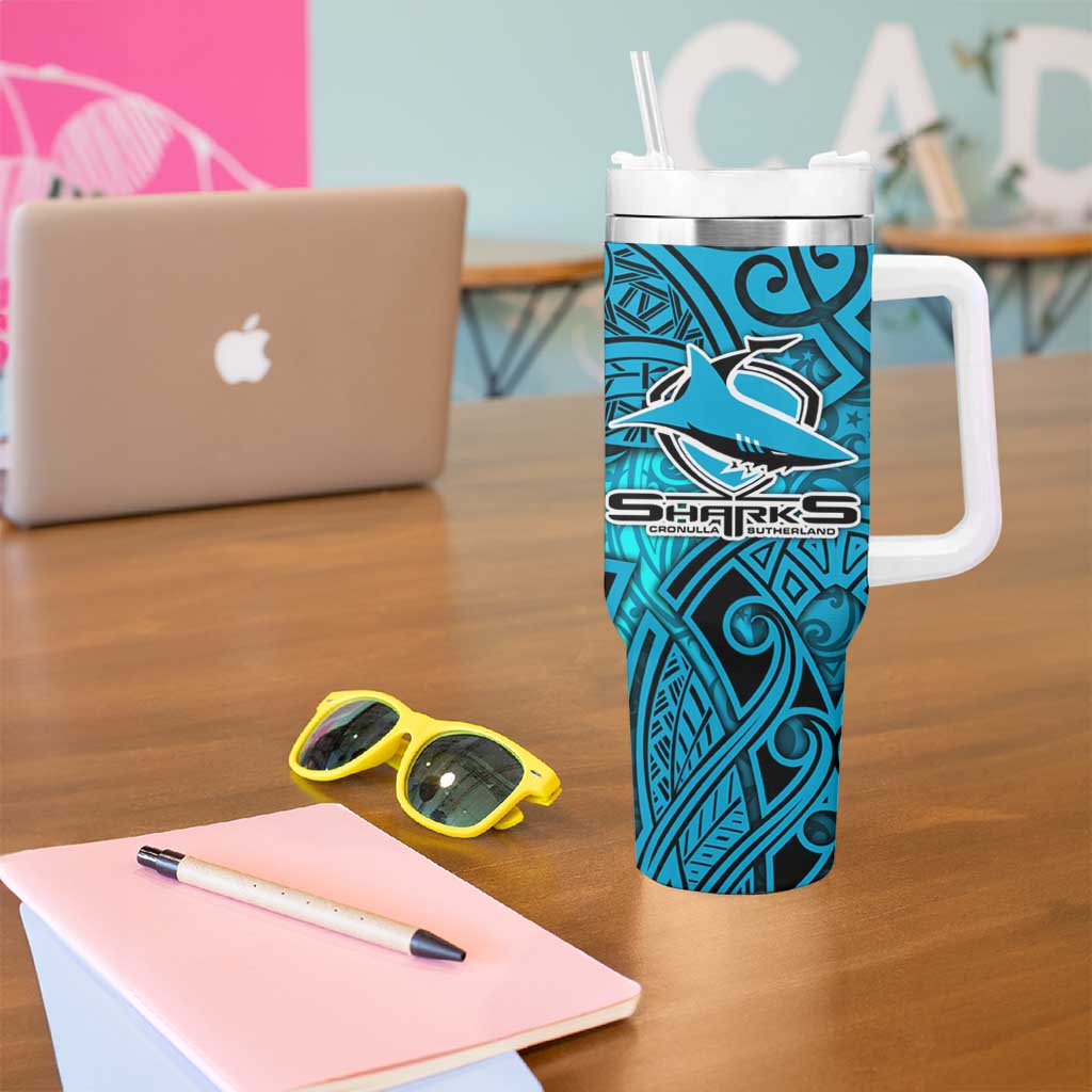 Cronulla Sutherland Sharks Rugby Tumbler With Handle Polynesian Tribal Shark Warrior Ocean Blue Pattern